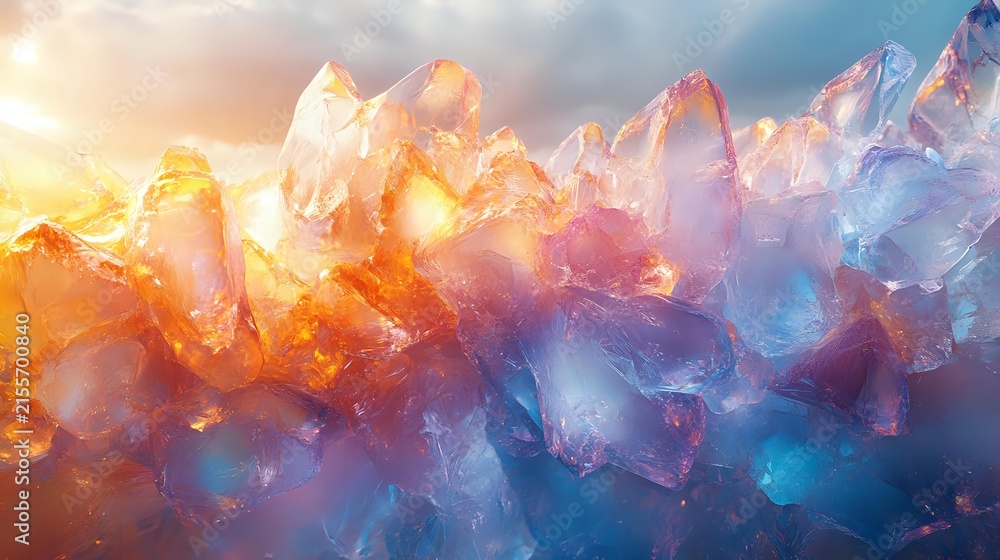 Obraz premium Colorful crystal cluster glowing with golden and blue tones
