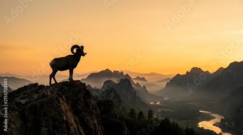 Silhouetted bighorn sheep on rocky mountain peak at golden hour