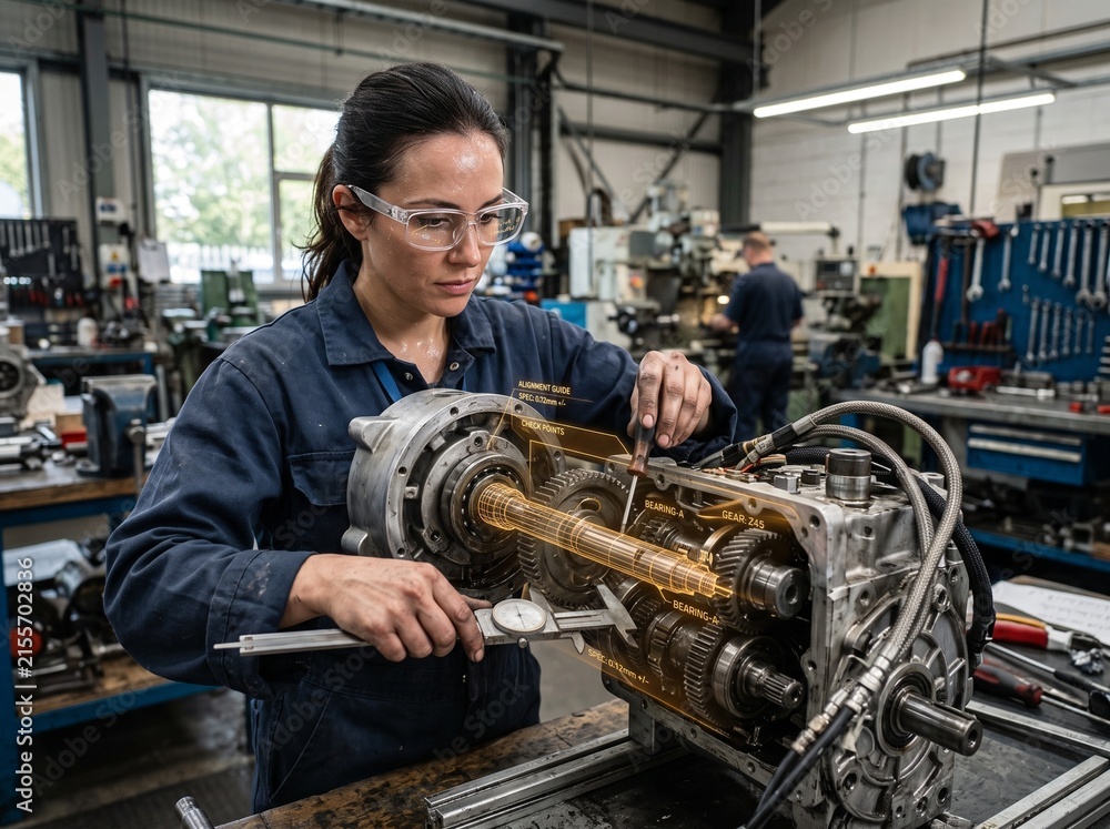 Obraz premium A focused female mechanic meticulously inspecting a complex mechanical engine part with precision tools in a workshop
