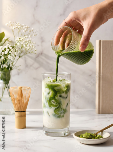 Close up of green tea matcha pouring into glass with ice and milk creating beautiful swirl pattern