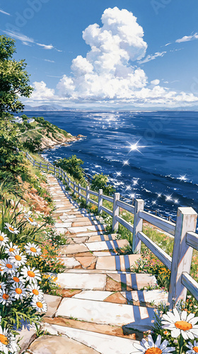 Cinematic anime illustration of a long, rustic stone staircase leading down to a sparkling deep blue ocean