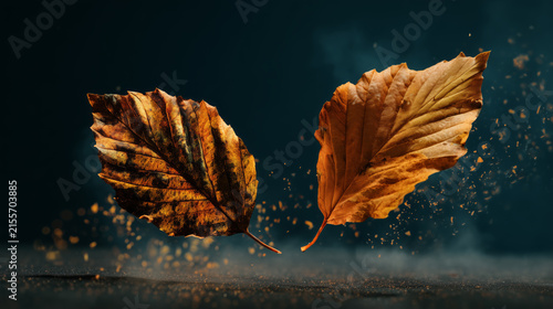 Autumn leaves with golden particles on dark background