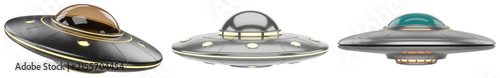 Konstfotografi Set of three stylized 3D rendered flying saucers or unidentified flying objects, isolated on transparent background