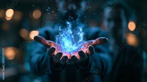 Hands Holding Glowing Blue Energy Sphere in Dark Space