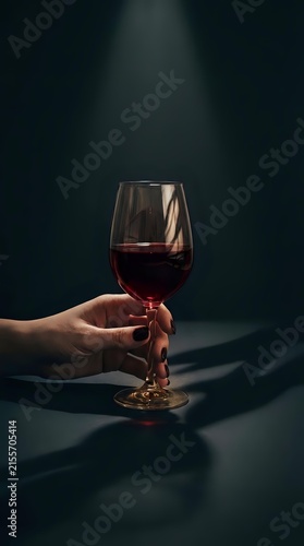 Hand holding wine glass filled with red wine against dark background