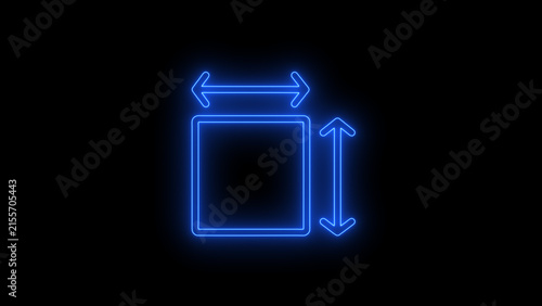 Glowing neon resize and dimension icon featuring horizontal and vertical arrows around a square frame on a dark background. Suitable for design, scaling, size adjustment, interface, technology,