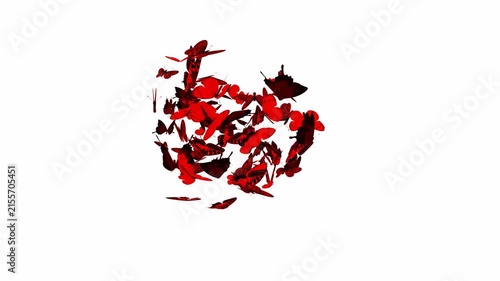 Red butterfly silhouettes swarming and flying out from the center on a white background in a dramatic 3D animation loop