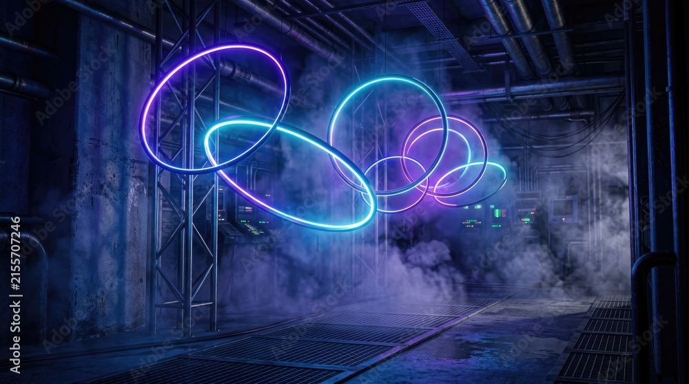 Fototapeta premium Futuristic industrial factory interior with glowing blue and purple neon rings and thick smoke atmosphere