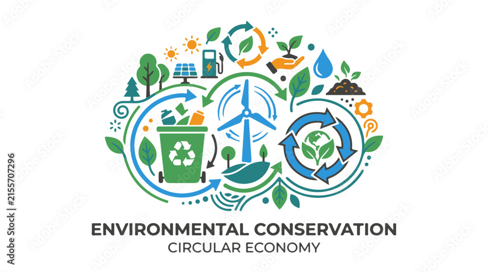 Fototapeta premium Environmental Conservation Illustration Showing Circular Economy with Recycling Renewable Energy and Nature Elements