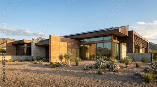 Modern luxury house with desert landscaping under a clear blue sky