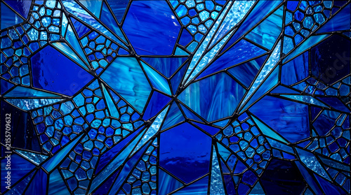 Blue stained glass background with geometric lattice pattern and hexagonal shapes and abstract and d