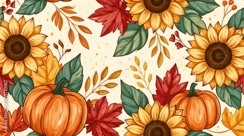 Autumn harvest pumpkins and sunflowers seamless pattern