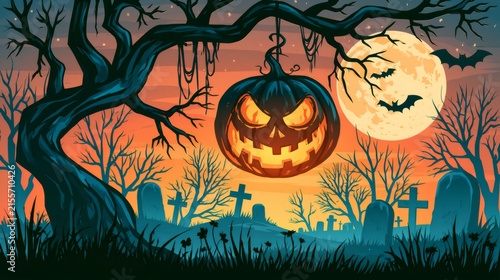Halloween jack o lantern hanging in spooky graveyard at night