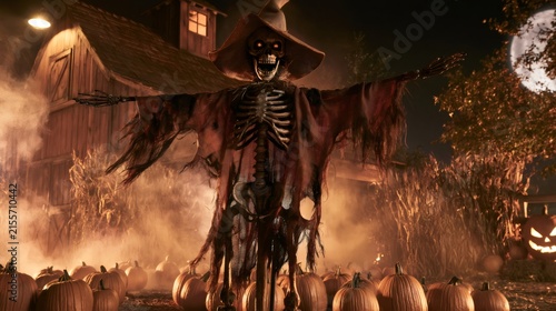Halloween skeleton scarecrow standing in pumpkin patch at night