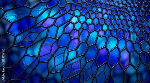 Blue stained glass background with hexagonal pattern and geometric design and abstract and modern