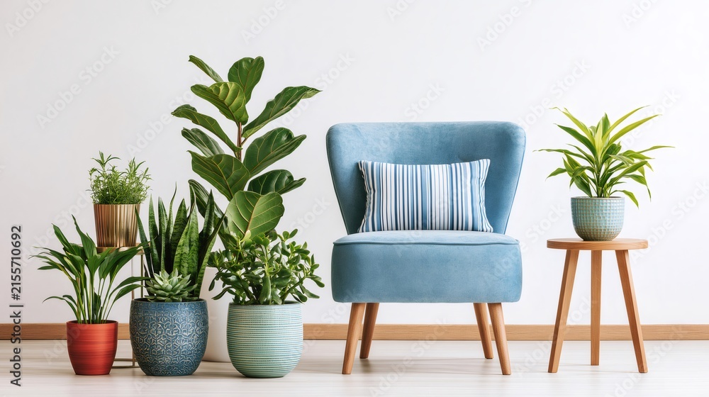 Fototapeta premium Cozy living room corner with blue armchair and houseplants