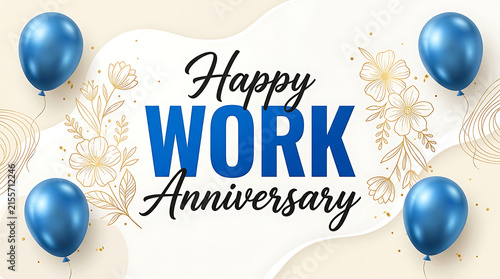 Happy Work Anniversary blue balloons gold floral celebration