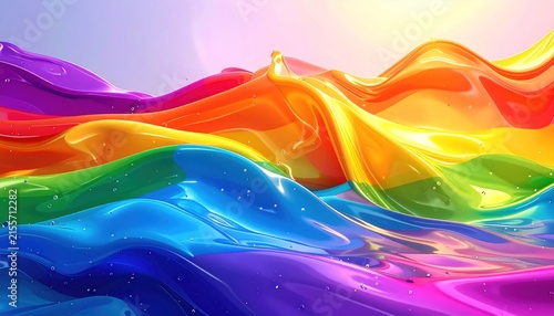 Intense glossy rainbow waves over dark colorful backdrop.