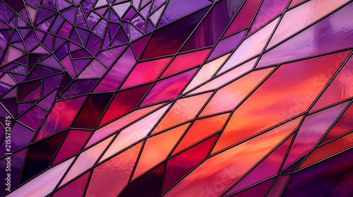 Geometric crystal facet matrix stained glass background with vibrant purple and red hues and abstrac
