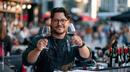 Wine sommelier stands at busy urban restaurant bar holding two glasses at eye level in before-and-after compositional split, student loan relief paperwork visible under counter edge, city pedestrian