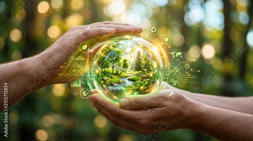 Hands holding glowing earth globe with lush green forest and river inside, surrounded by ecology icons, environmental protection, sustainability, climate change awareness concept.