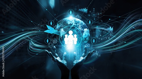 Hands holding glowing earth globe surrounded by digital network connections and people icons, global communication technology, big data visualization, social media connectivity