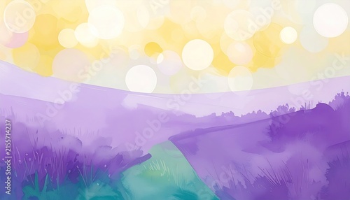 Purple watercolor landscape with green path and light.