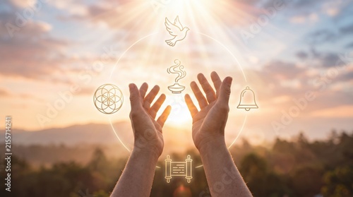 Hands reaching toward sunrise with floating spiritual symbols including dove, incense, bell, scroll, and sacred geometry, meditation, mindfulness, religion, peace, enlightenment