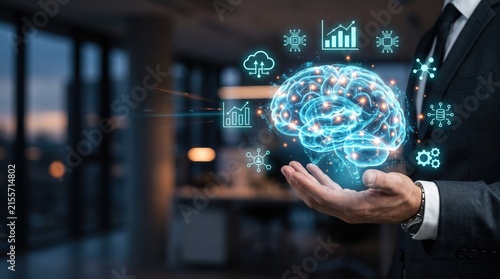 Hand holding glowing digital brain with neural network connections, surrounded by data analysis icons and cloud computing symbols, representing artificial intelligence and machine