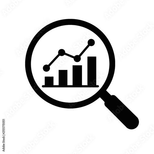Data analysis magnifying glass with bar chart and line graph vector icon for business performance and market research report isolated on transparent background 
