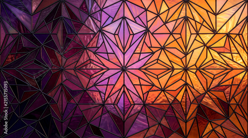 Geometric crystal prism grid design with stained glass background in purple and orange hues and abst