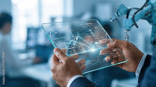Engineer holding transparent glass tablet with holographic display in smart factory, industrial automation, robotic arm in, manufacturing technology, future industry