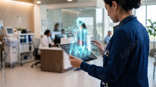 Female doctor in blue scrubs examining a futuristic holographic human skeleton projection on a tablet, representing advanced medical technology, digital healthcare diagnostics