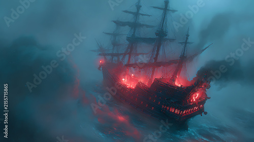 Ghostly galleon sailing through foggy seas with eerie red glow