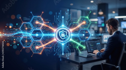 Businessman working on laptop with futuristic holographic cyber security interface, network protection, firewall technology, data encryption and digital safety for enterprise