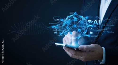 Businessman holding smartphone with artificial intelligence brain hologram, neural network and digital data processing, future technology innovation and machine learning