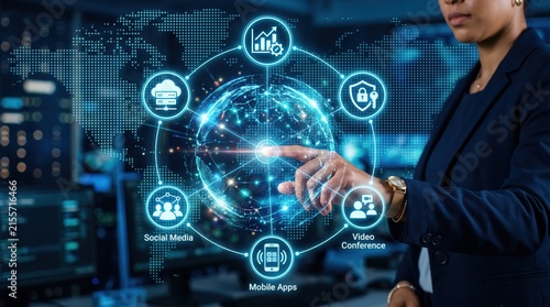 Businesswoman interacting with global communication network hologram, social media, video conference and mobile apps icons, international connectivity, digital marketing
