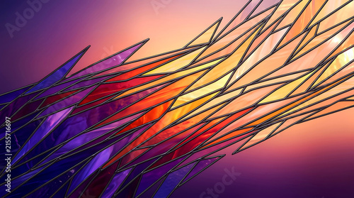 Geometric glass shards flowing in stained glass background with vibrant purple and orange hues