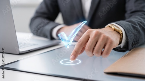 Businessman hand signing digital contract on tablet with glowing checkmark, electronic signature approval, online agreement verification, corporate legal document