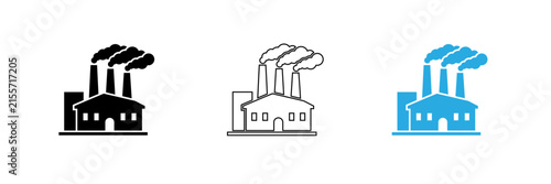 Set of three industrial factory icons with smoke emission in different styles