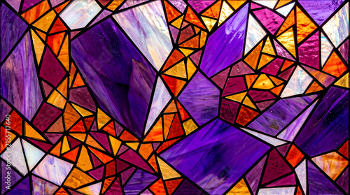 Geometric mosaic stained glass background with purple orange and white abstract design and pattern
