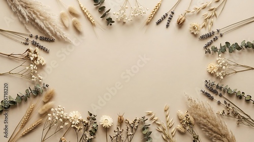 Floral frame background with dried wildflowers and pampas grass on a light beige surface