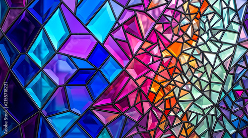Geometric polygon prism grid flow stained glass background with vibrant blue purple pink orange