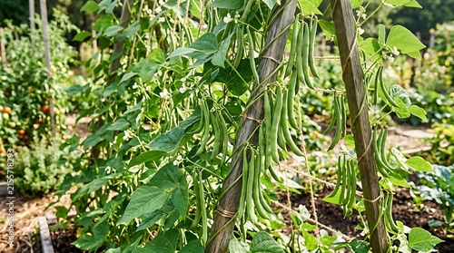 Fresh green beans growing on a wooden trellis in a vegetable garden plot