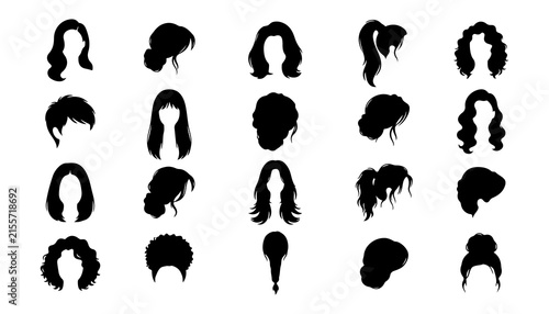 Hair Silhouettes Set with Various Styles and Cuts. Black and White Vector Design and Illus