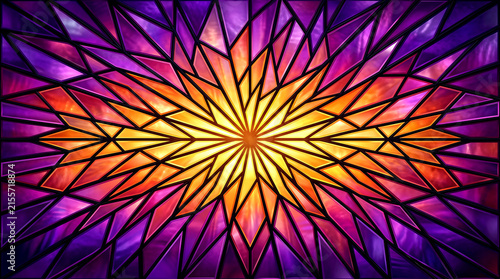 Geometric stained glass background with radiant starburst pattern in purple and orange hues and abst