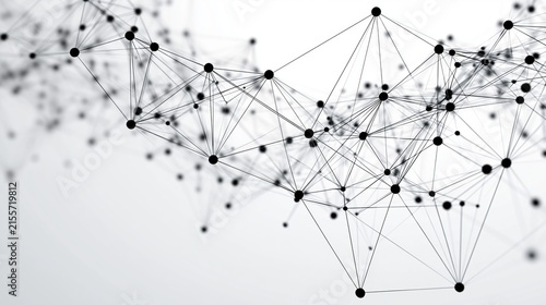Abstract digital network with interconnected black nodes and lines forming complex geometric structures on a clean white professional background surface