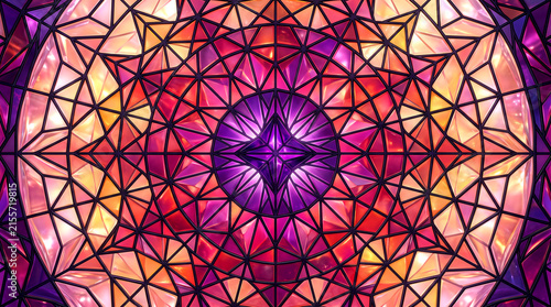 Geometric stained glass design with vibrant purple and orange background and pattern and abstract