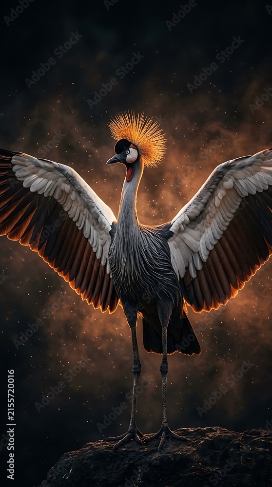 Obraz premium Beautiful crowned crane bird with wings spread in dark mood
