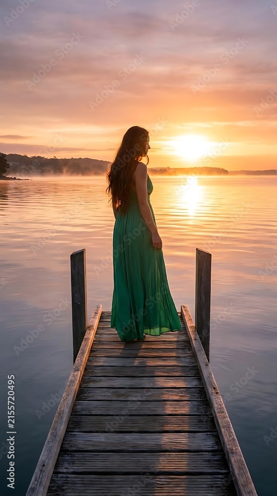 Fototapeta premium Woman in green dress on pier at sunset horizon.
